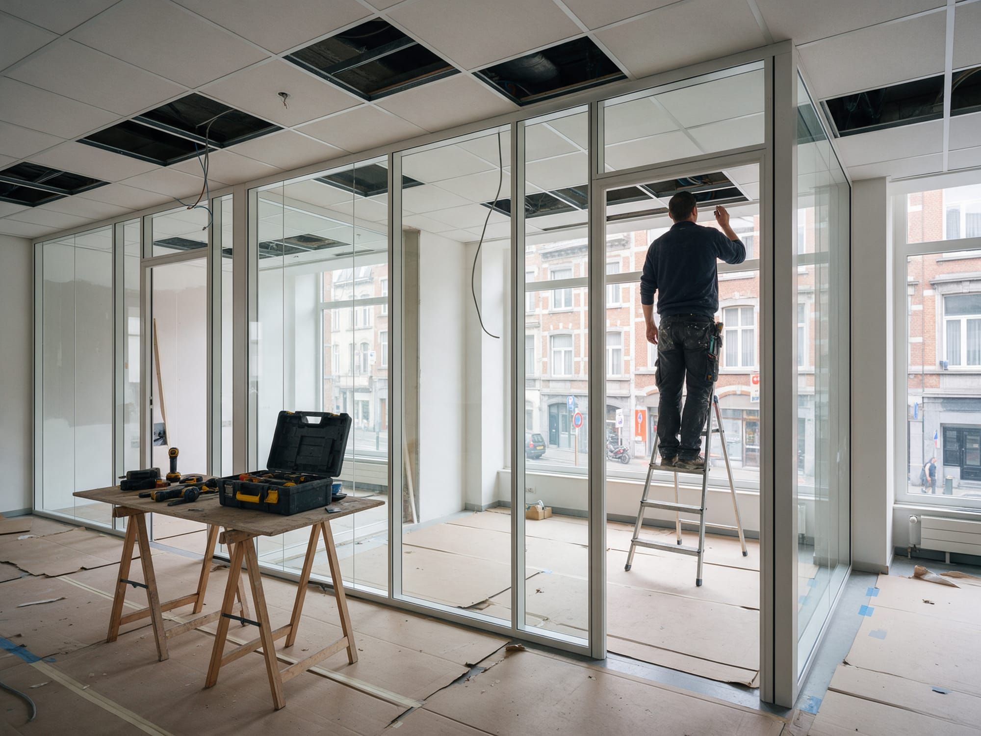 Pose de cloisons vitrées dans un plateau de bureaux